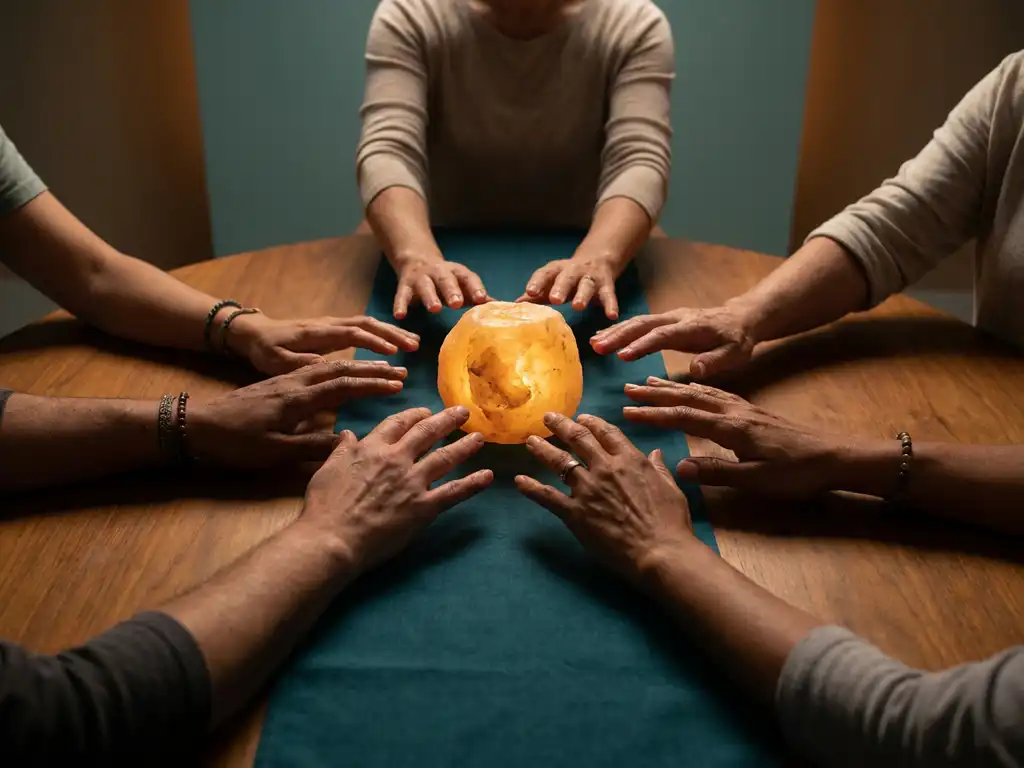 Diverse handen reiken naar een gloeiende steen op een ronde houten tafel, symbool voor collectieve besluitvorming en gedeelde stem.