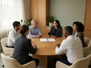 Divers directieteam rond een ronde tafel in gesprek, met een open notitieboek in het midden, in een rustige kantooromgeving met warme houttinten.
