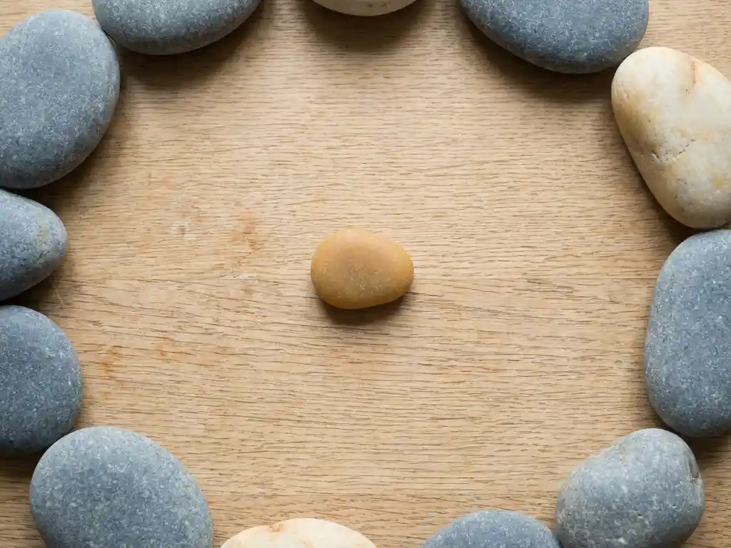 Kleine steen in het midden van een houten tafel, omringd door een losse kring van grotere stenen in ivoor- en leisteentinten.