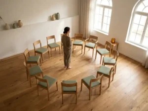 Facilitator staat rustig in het midden van een cirkel lege stoelen in een zonnige ruimte met eiken vloer en witte muren.