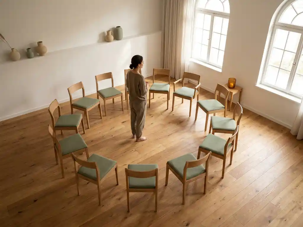 Facilitator staat rustig in het midden van een cirkel lege stoelen in een zonnige ruimte met eiken vloer en witte muren.