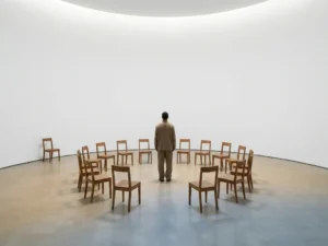 Persoon staand in cirkel van lege stoelen in witte ruimte, één stoel naar buiten gedraaid, zachte zand- en leisteentinten, rustgevende compositie over gedeeld leiderschap.