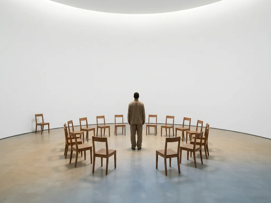 Persoon staand in cirkel van lege stoelen in witte ruimte, één stoel naar buiten gedraaid, zachte zand- en leisteentinten, rustgevende compositie over gedeeld leiderschap.