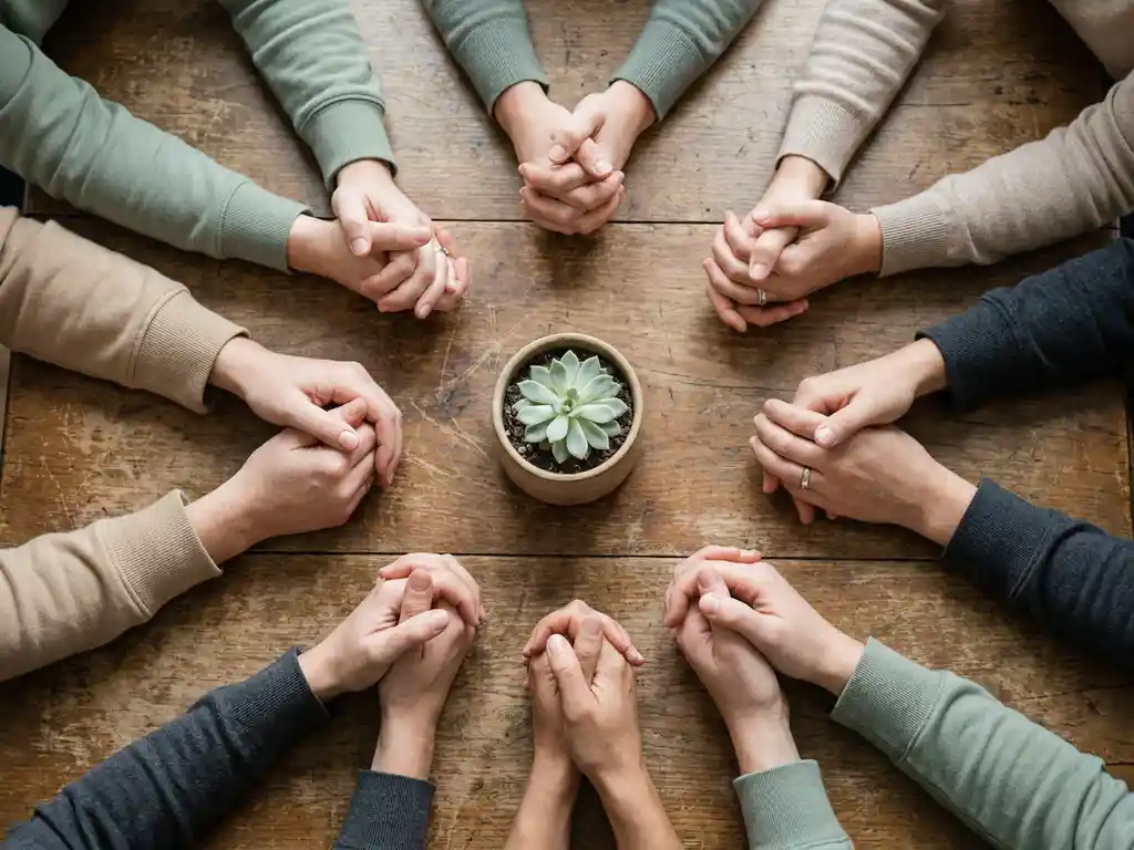 Diverse handen op een verouderde houten tafel rond een klein groen plantje, symbool van collectieve besluitvorming en gedeelde groei.