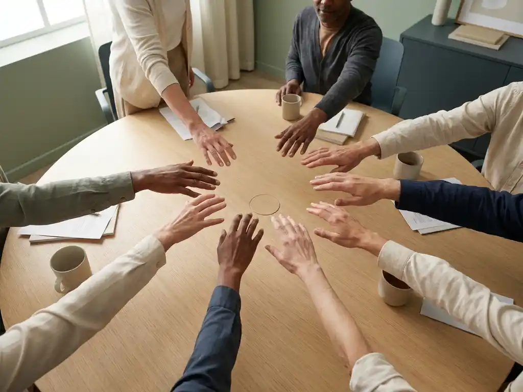 Diverse handen die samenkomen boven een ronde tafel in een rustige werkruimte met natuurlijk licht, symbool voor collectieve besluitvorming.