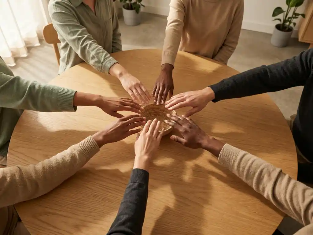 Diverse handen reiken naar een centraal punt boven een houten tafel, symbool voor collectieve besluitvorming in een coachingomgeving.