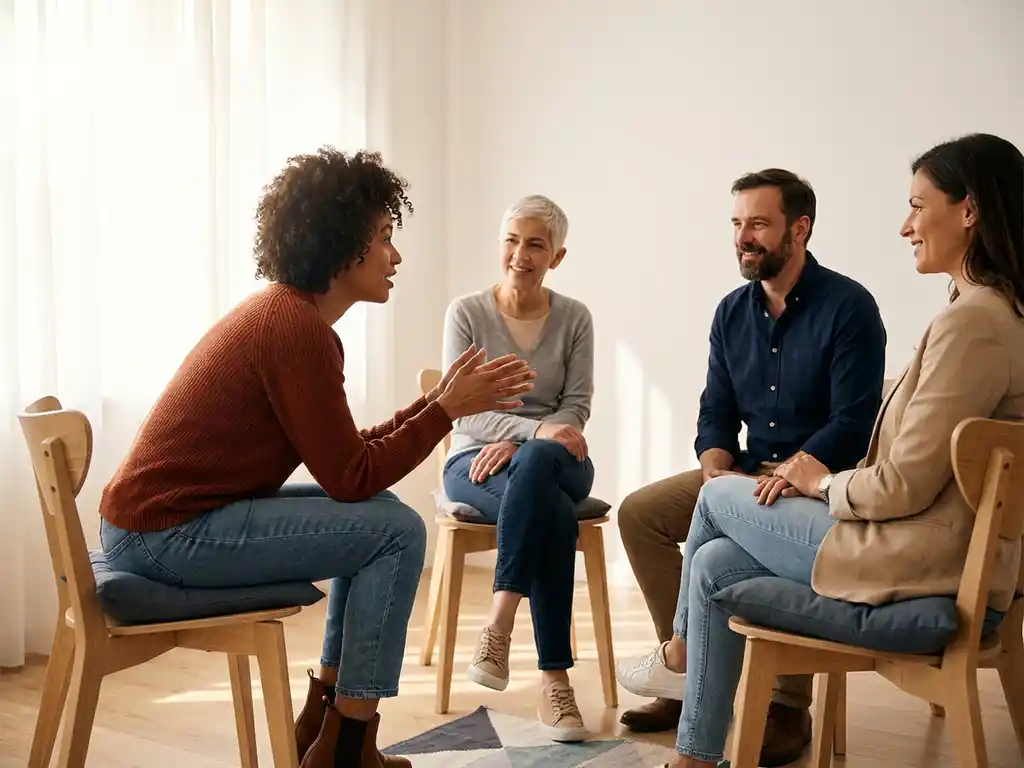 Vier mensen in een cirkel van houten stoelen tijdens een coachingsgesprek, één persoon leunt vooruit met open handen.