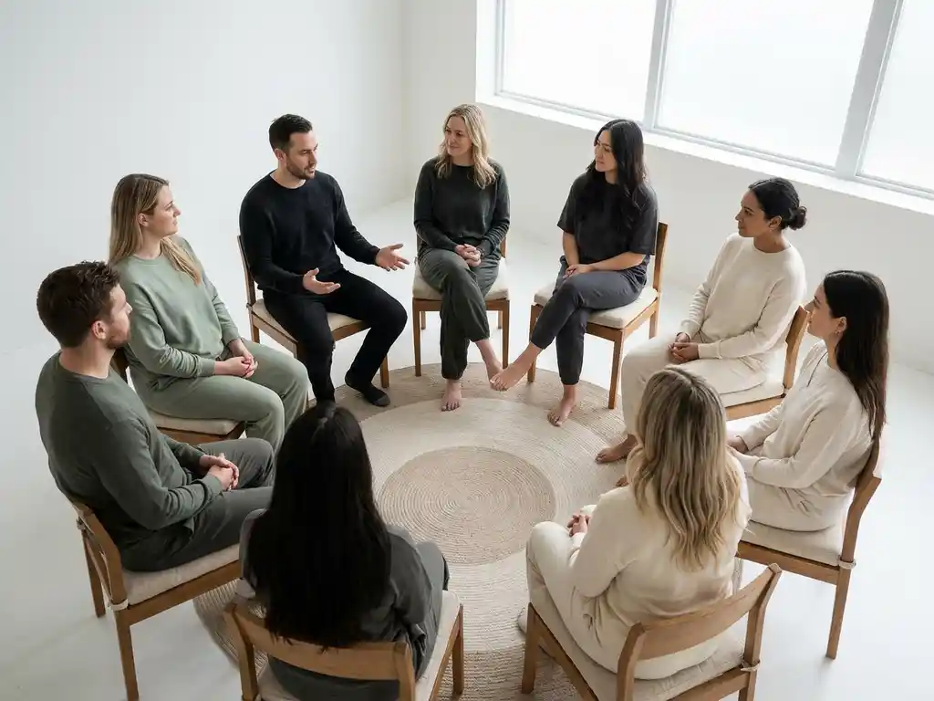 Diverse groep mensen in een cirkelgesprek, aandachtig luisterend naar één spreker, in een lichte ruimte met natuurlijk daglicht.