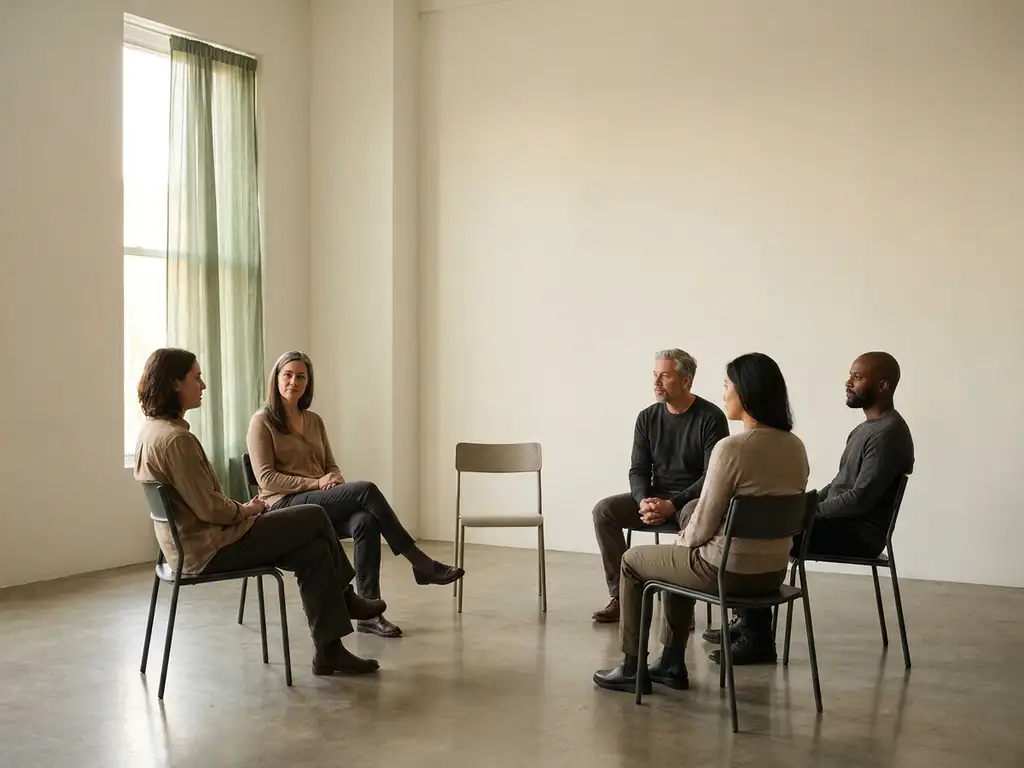 Diverse groep mensen in cirkelopstelling tijdens open dialoog, met één lege stoel in een lichte minimalistische ruimte.