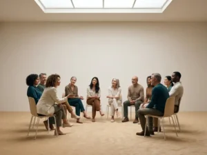 Diverse groep mensen in een cirkel op minimalistische stoelen, in gesprek met open houding, in warme zand- en dieptealtinten.