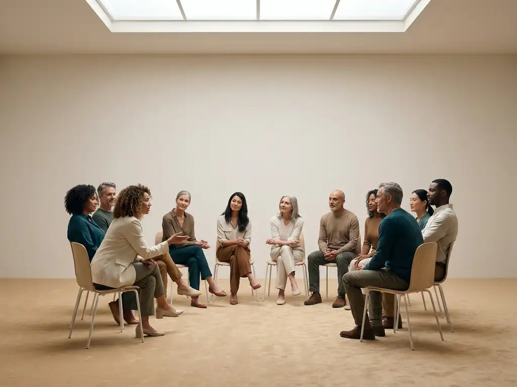 Diverse groep mensen in een cirkel op minimalistische stoelen, in gesprek met open houding, in warme zand- en dieptealtinten.