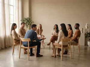Diverse groep mensen in een cirkel op houten stoelen, één persoon leant voorover met open handen in een gesprek.
