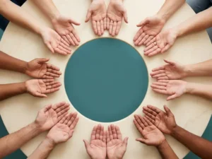 Diverse handen met open palmen omhoog rond een ronde tafel, zachte ivoor- en teaintinten, rustige geometrische compositie.