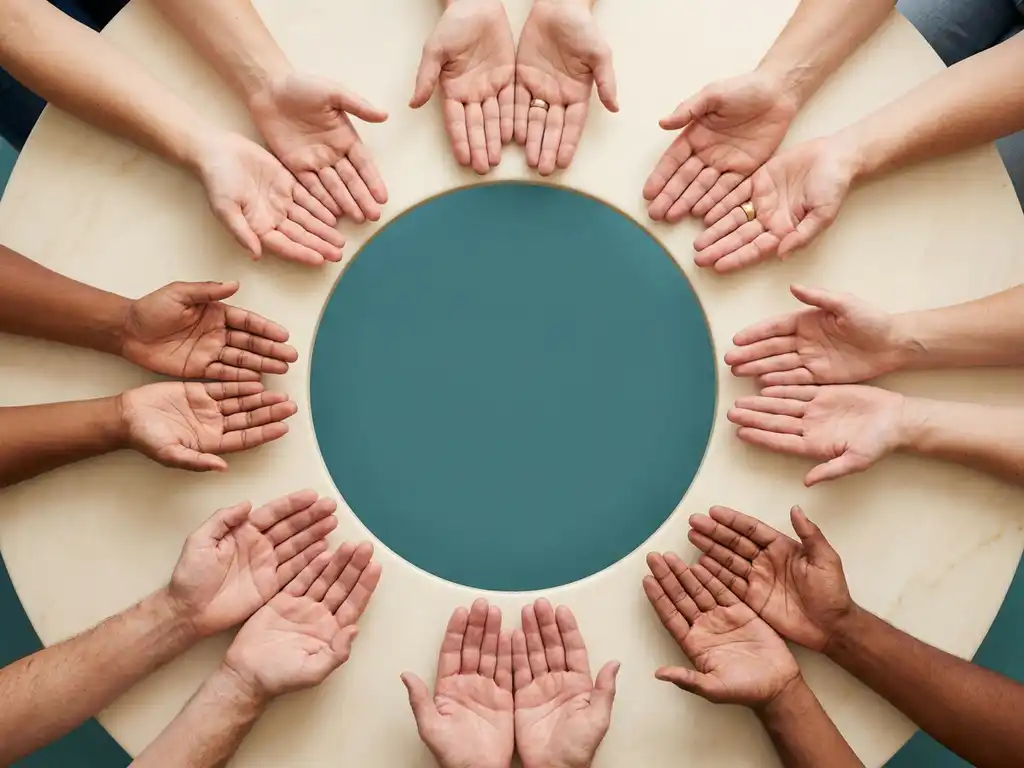 Diverse handen met open palmen omhoog rond een ronde tafel, zachte ivoor- en teaintinten, rustige geometrische compositie.