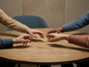 Diverse handen reiken naar het midden van een houten tafel, één hand teruggetrokken, symboliserend spanning tijdens een vergadering.