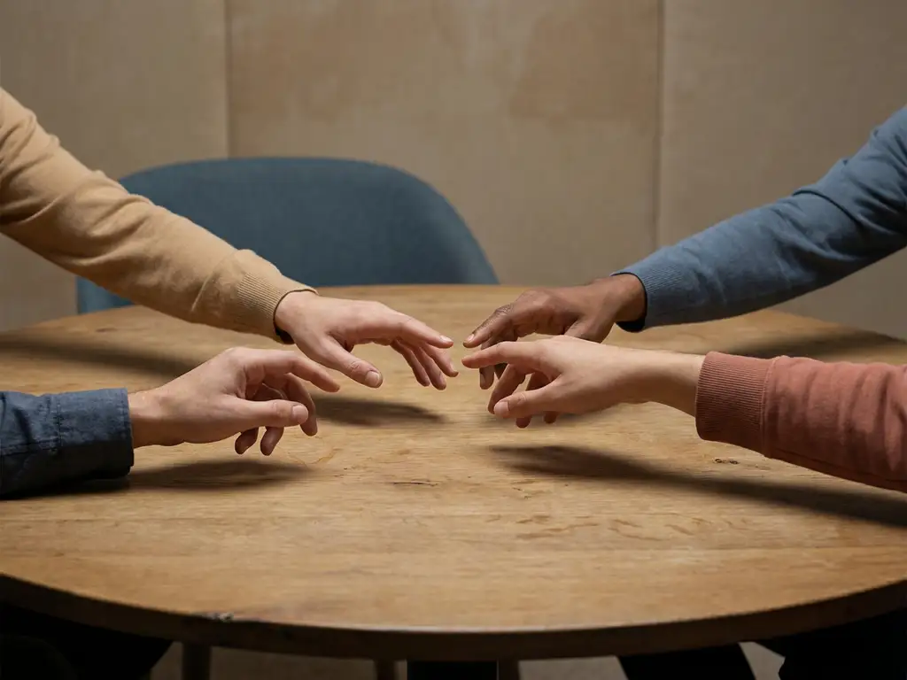 Diverse handen reiken naar het midden van een houten tafel, één hand teruggetrokken, symboliserend spanning tijdens een vergadering.