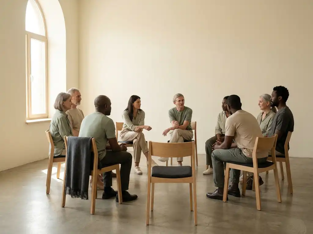 Diverse groep mensen in open kring op minimalistische stoelen, in rustig gesprek, met één lege stoel als symbool voor ongehoorde stemmen.