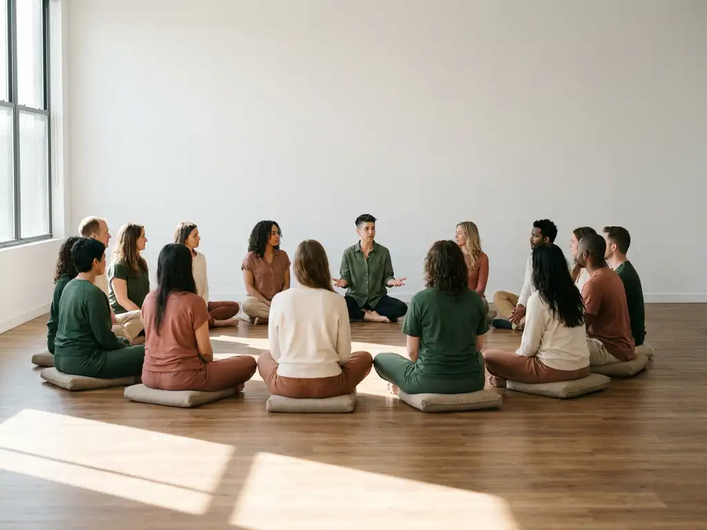 Diverse groep mensen in een rustige kring tijdens een inclusief gesprek, verlicht door natuurlijk daglicht in een minimalistische vergaderruimte.
