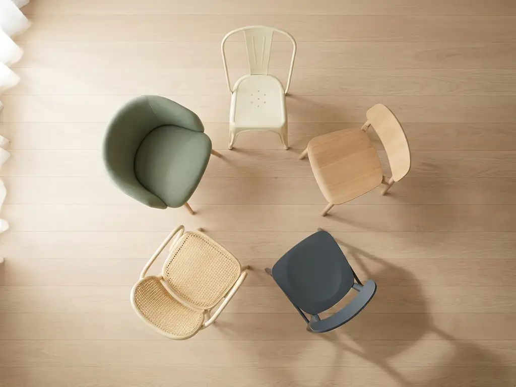 Vijf lege stoelen in een cirkel op een houten vloer, één stoel iets verschoven, in rustgevende salie- en ivoorkleurige tinten.