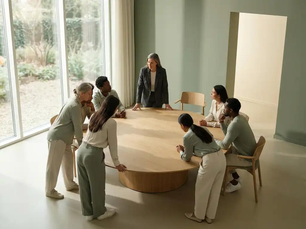 Leider aan het hoofd van een ronde vergadertafel met diverse teamleden in gesprek, één lege stoel zichtbaar, natuurlijk zijlicht.