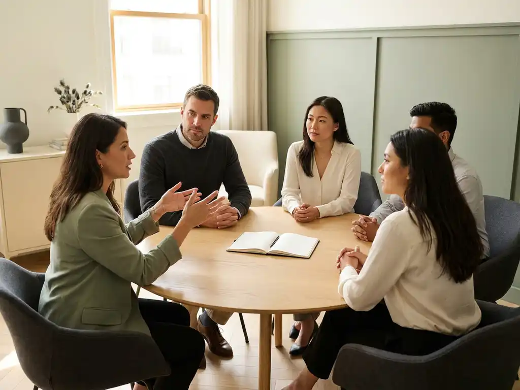 Manager en divers team in gesprek aan ronde tafel, met open notitieboek als gezamenlijk middelpunt in een rustige werkruimte.