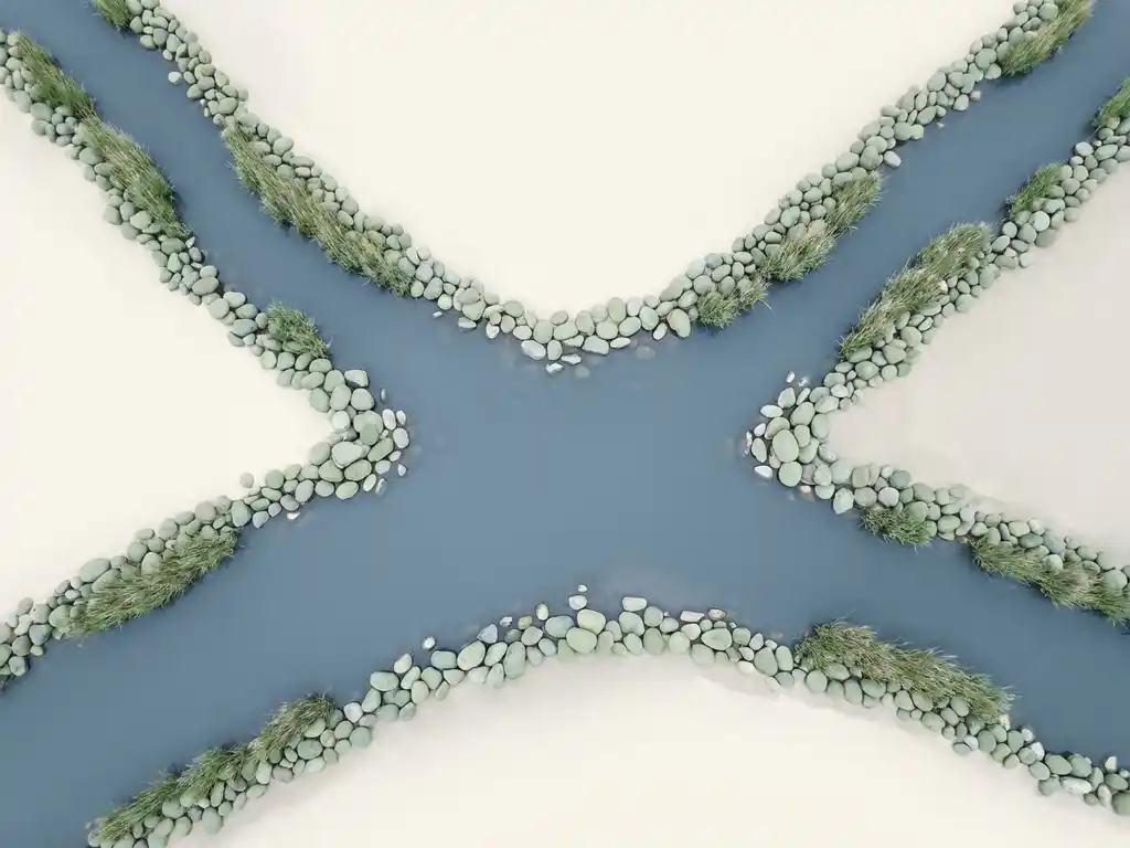 Twee rivieren die samenvloeien tot één brede stroom, omgeven door rivierstenen en groen riet, zachte salie- en leisteentinten.