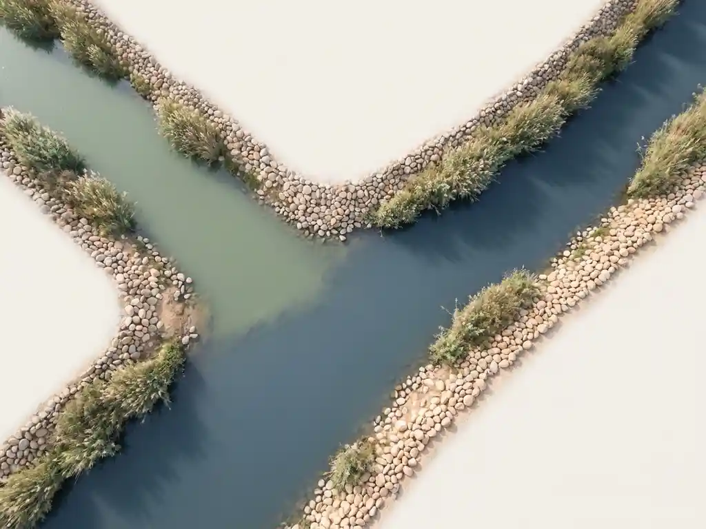 Twee rivieren die samenvloeien tot één brede, kalme stroom, omgeven door rivierstenen en riet, luchtfoto.