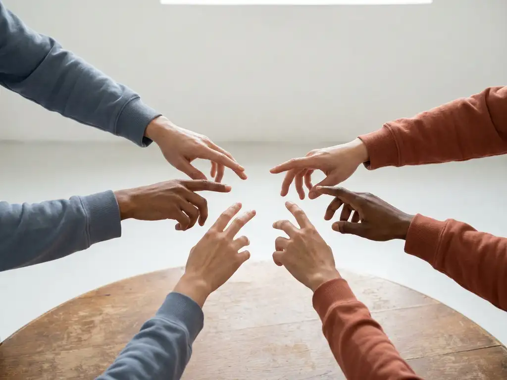 Diverse handen die samenkomen boven een ronde houten tafel, verlicht door zacht natuurlijk licht in warme terracotta en leisteenblauwe tinten.