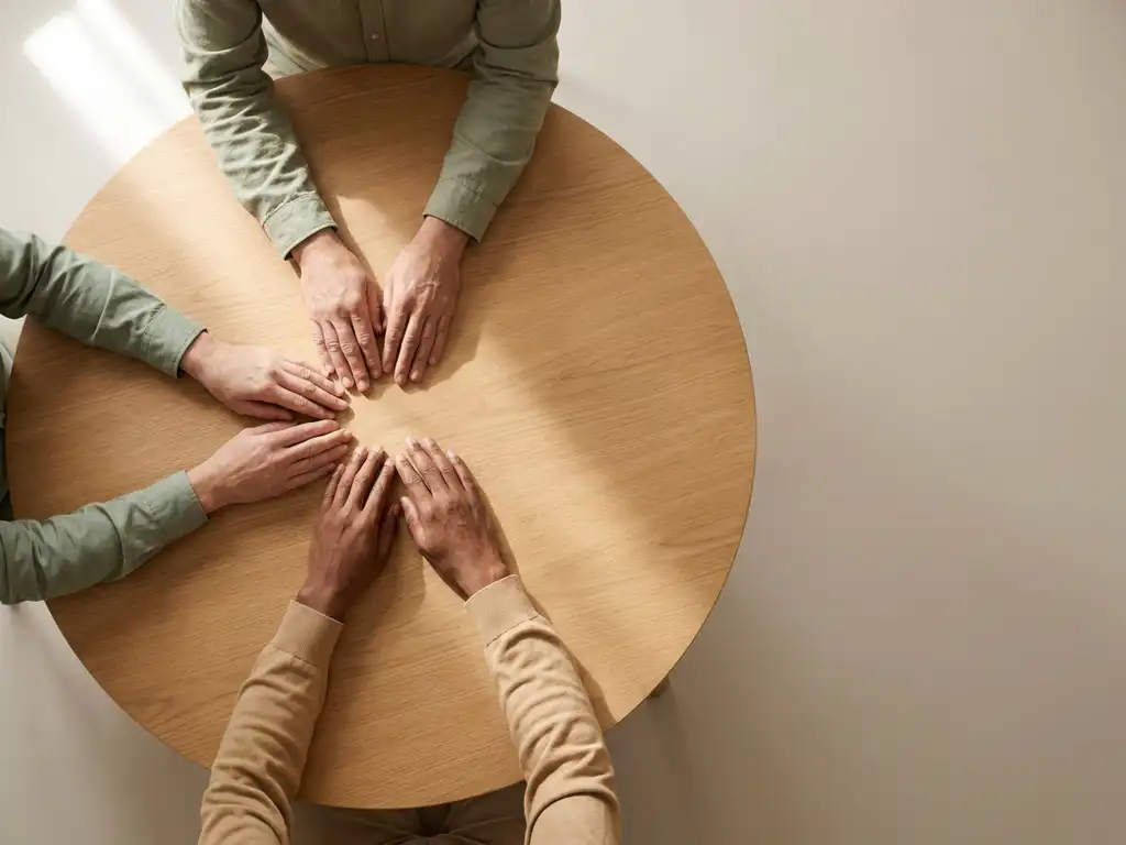 Diverse handen reiken naar het midden van een ronde houten tafel als symbool voor collectieve besluitvorming.