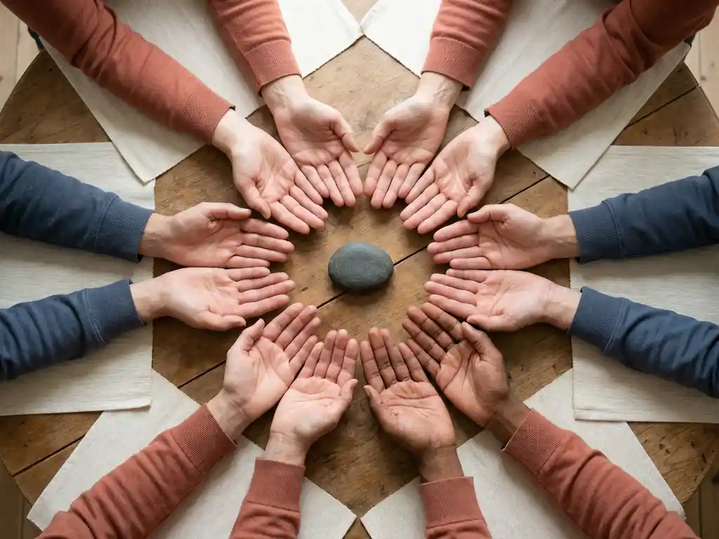 Diverse handen met open palmen rond een gladde steen op een houten tafel, bovenaanzicht in warme terracotta en leisteentinten.