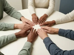Diverse handen reiken naar het midden van een ronde tafel in salie groen, ivoor en leisteenblauw, bijna elkaar rakend.