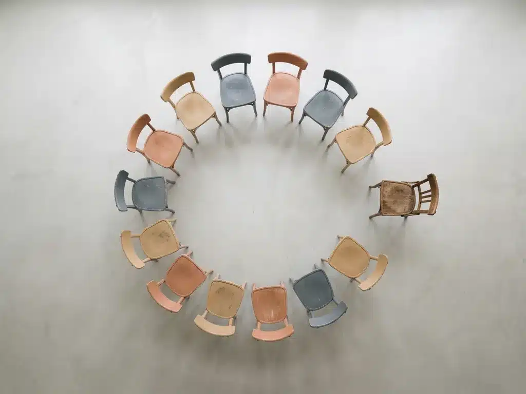 Cirkel van houten stoelen met één losstaande stoel die zich terugbeweegt naar de groep, bovenaanzicht op betonnen vloer.