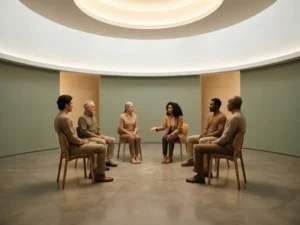 Divers team in cirkelvormige opstelling tijdens open gesprek, één persoon gebaart rustig, warm licht in wit interieur met salie- en zandtinten.