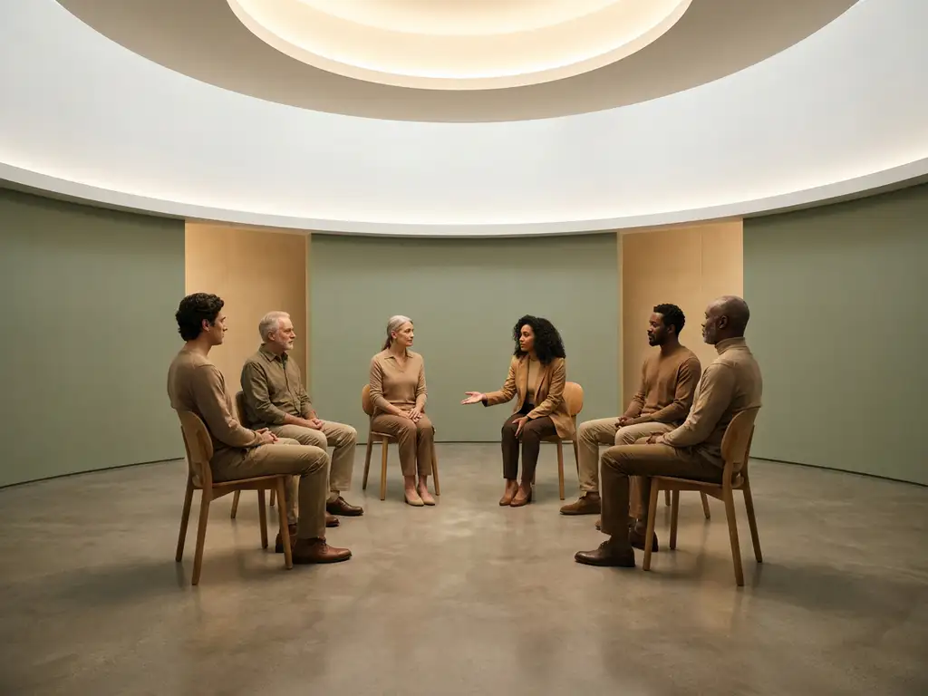 Divers team in cirkelvormige opstelling tijdens open gesprek, één persoon gebaart rustig, warm licht in wit interieur met salie- en zandtinten.