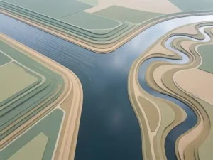 Twee rivieren die samenvloeien in rustig water, met geometrische oevers in salie groen en zandtinten, zachte daglicht van boven.